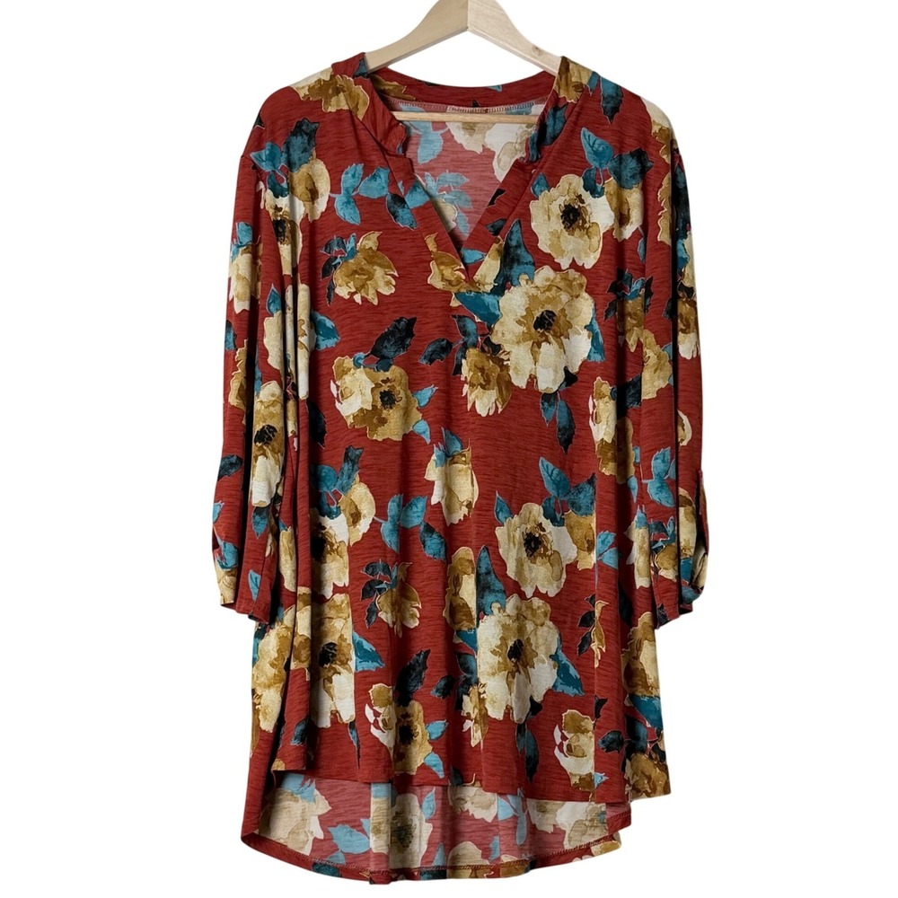 Tunic Top Women L Rust Orange Floral Boho Cottagecore Flowy Oversized Artsy Mod